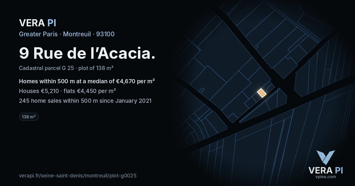 9 Rue de l’Acacia, Montreuil at night – the plot lit, the parcels around coloured by the prices near them