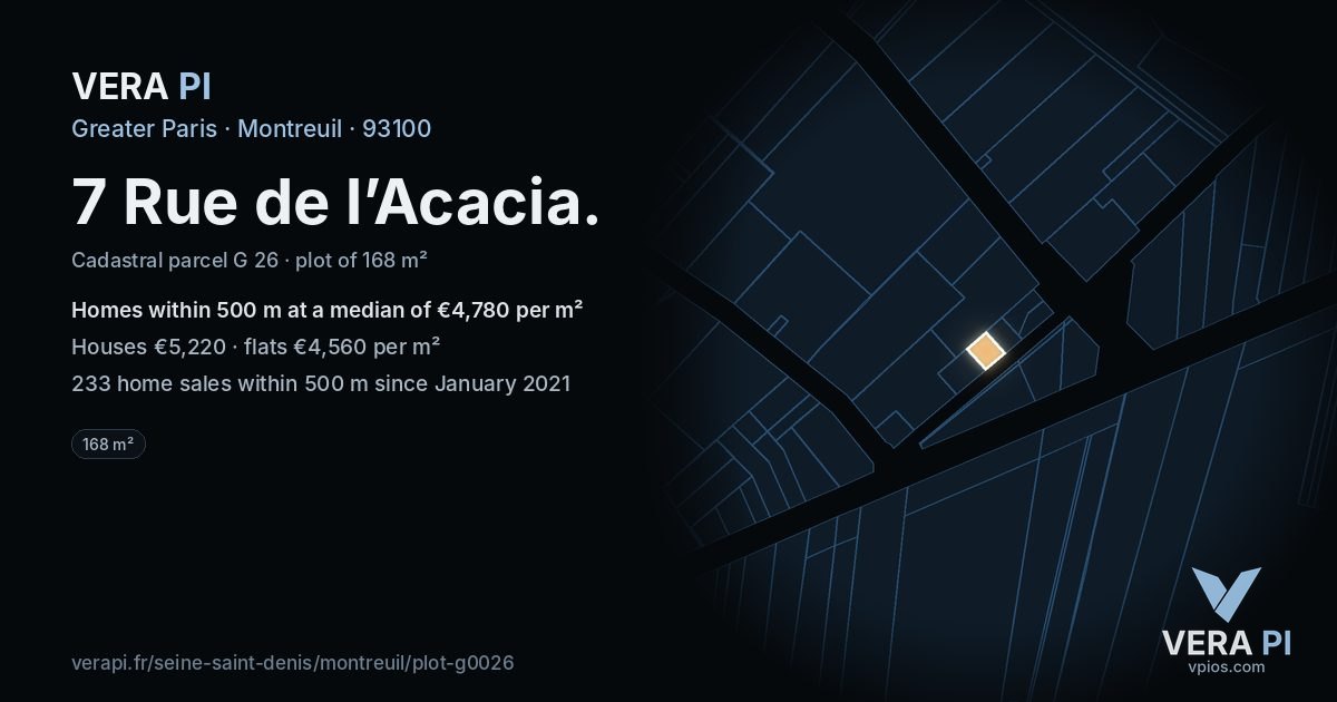 7 Rue de l’Acacia, Montreuil at night – the plot lit, the parcels around coloured by the prices near them