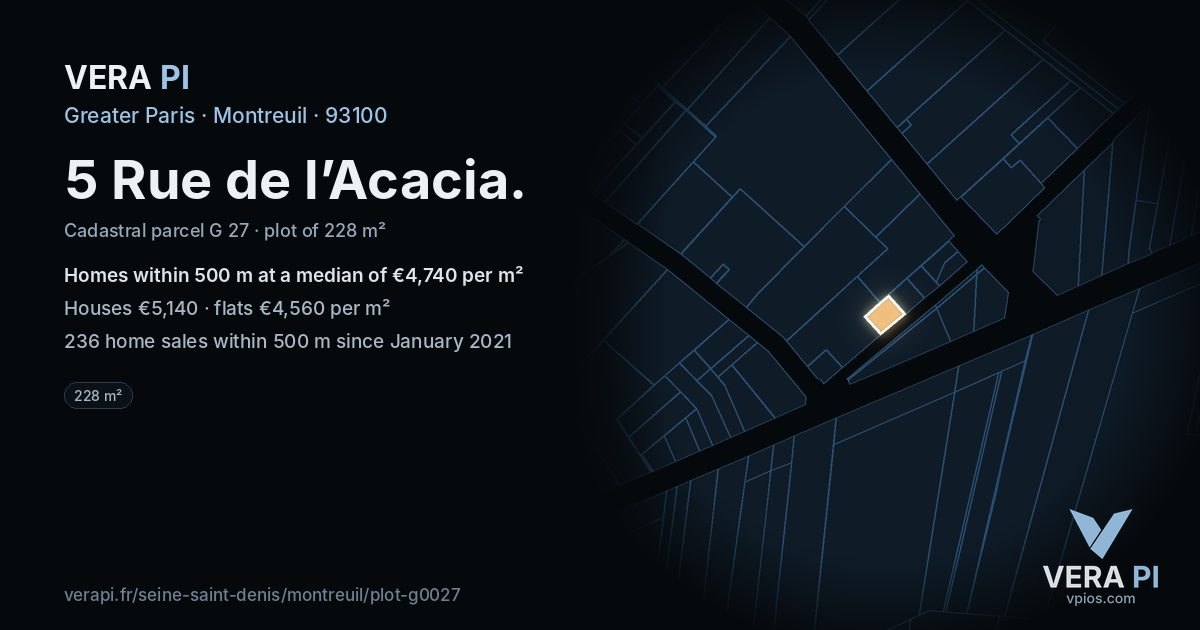 5 Rue de l’Acacia, Montreuil at night – the plot lit, the parcels around coloured by the prices near them