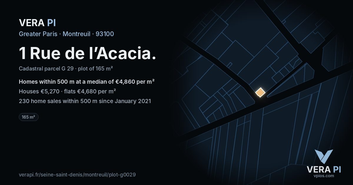 1 Rue de l’Acacia, Montreuil at night – the plot lit, the parcels around coloured by the prices near them