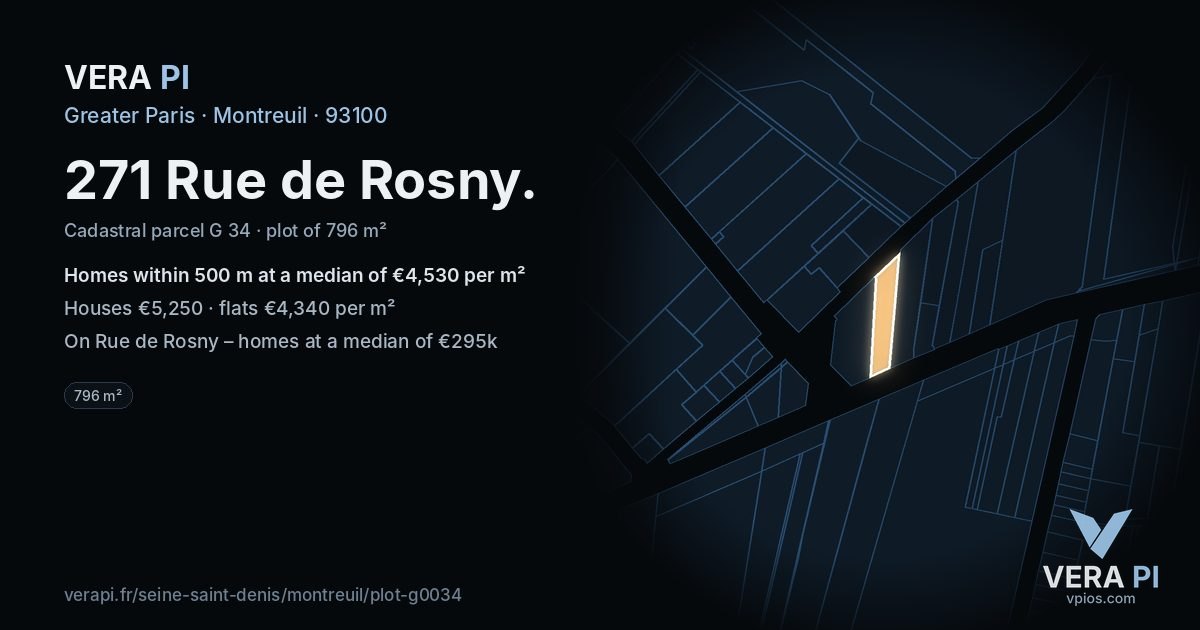 271 Rue de Rosny, Montreuil at night – the plot lit, the parcels around coloured by the prices near them
