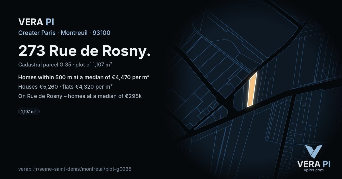 273 Rue de Rosny, Montreuil at night – the plot lit, the parcels around coloured by the prices near them