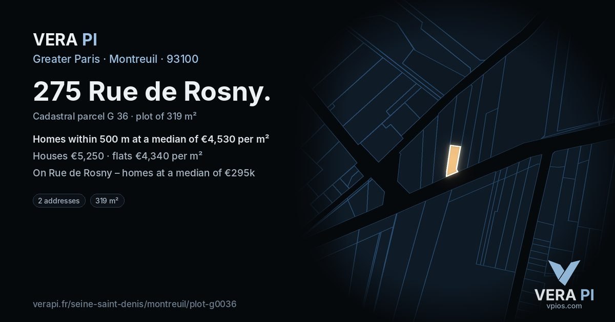 275 Rue de Rosny, Montreuil at night – the plot lit, the parcels around coloured by the prices near them