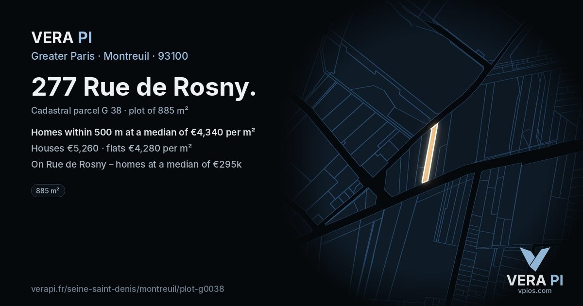 277 Rue de Rosny, Montreuil at night – the plot lit, the parcels around coloured by the prices near them
