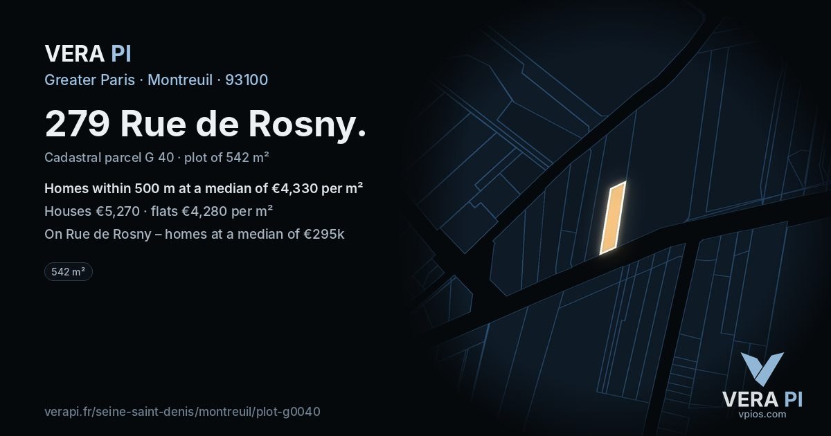 279 Rue de Rosny, Montreuil at night – the plot lit, the parcels around coloured by the prices near them