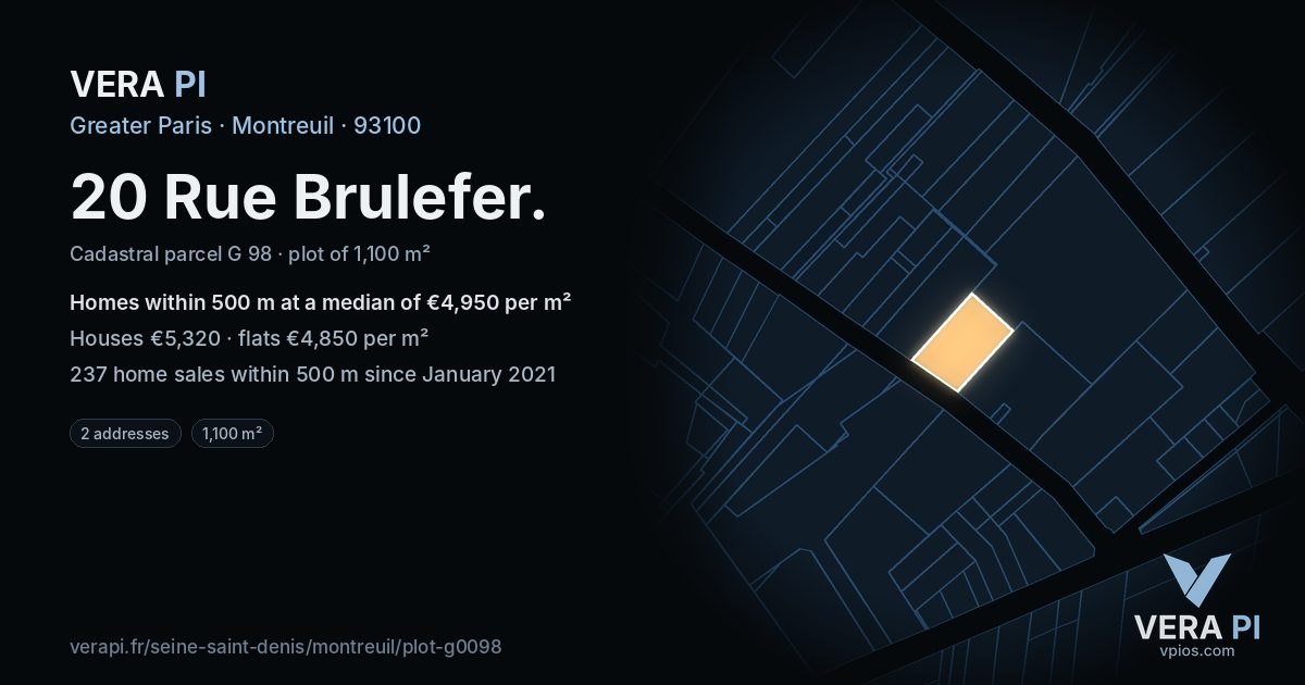 20 Rue Brulefer, Montreuil at night – the plot lit, the parcels around coloured by the prices near them