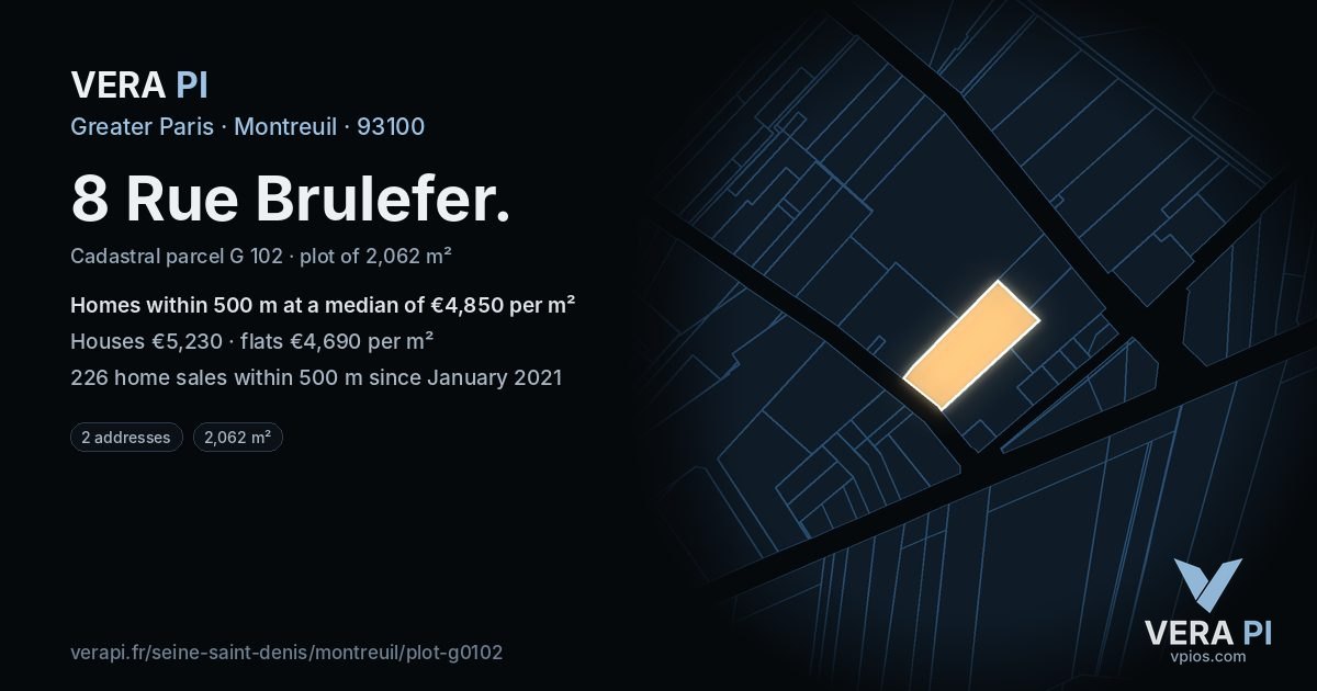 8 Rue Brulefer, Montreuil at night – the plot lit, the parcels around coloured by the prices near them