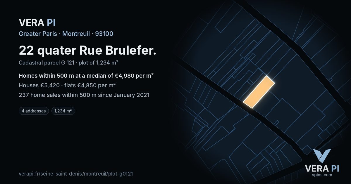 22 quater Rue Brulefer, Montreuil at night – the plot lit, the parcels around coloured by the prices near them