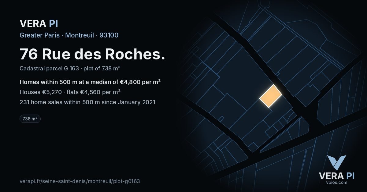 76 Rue des Roches, Montreuil at night – the plot lit, the parcels around coloured by the prices near them