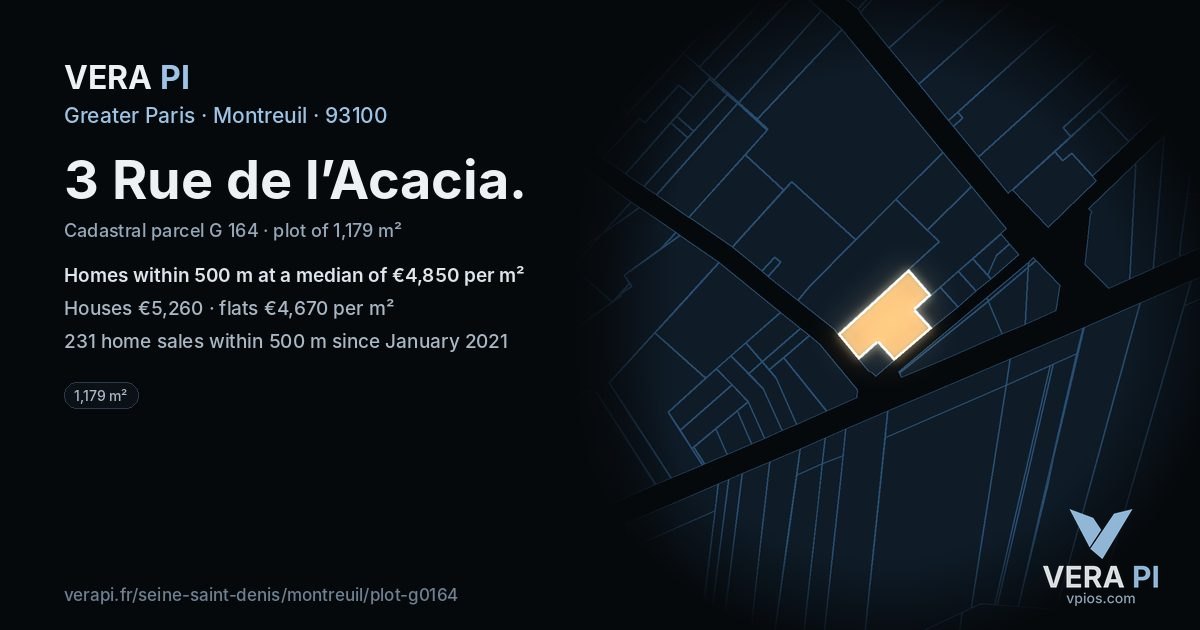 3 Rue de l’Acacia, Montreuil at night – the plot lit, the parcels around coloured by the prices near them