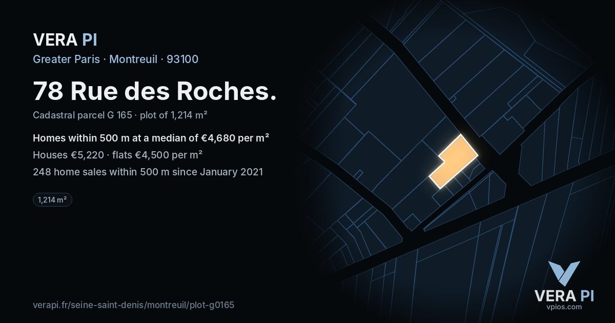78 Rue des Roches, Montreuil at night – the plot lit, the parcels around coloured by the prices near them