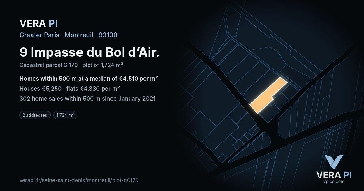 9 Impasse du Bol d’Air, Montreuil at night – the plot lit, the parcels around coloured by the prices near them
