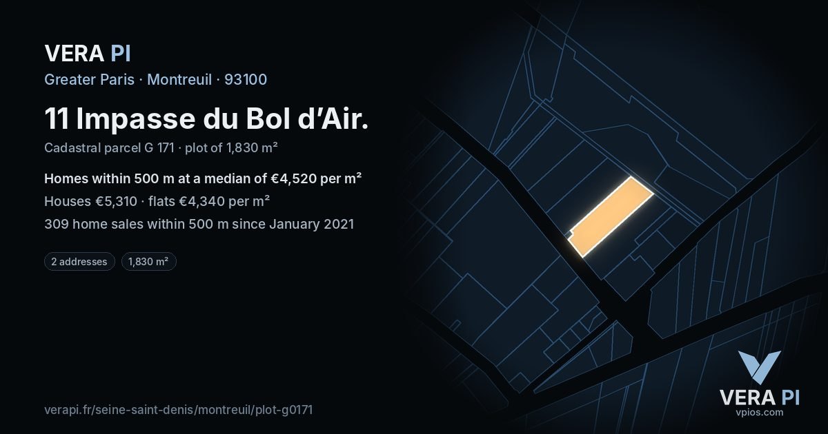11 Impasse du Bol d’Air, Montreuil at night – the plot lit, the parcels around coloured by the prices near them