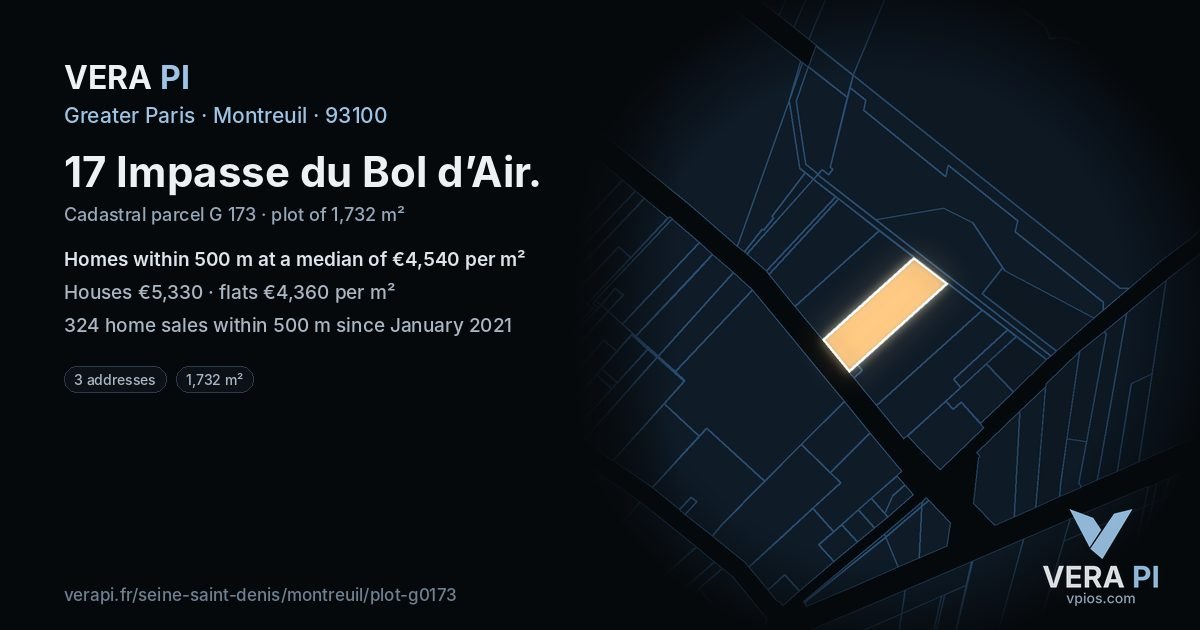 17 Impasse du Bol d’Air, Montreuil at night – the plot lit, the parcels around coloured by the prices near them