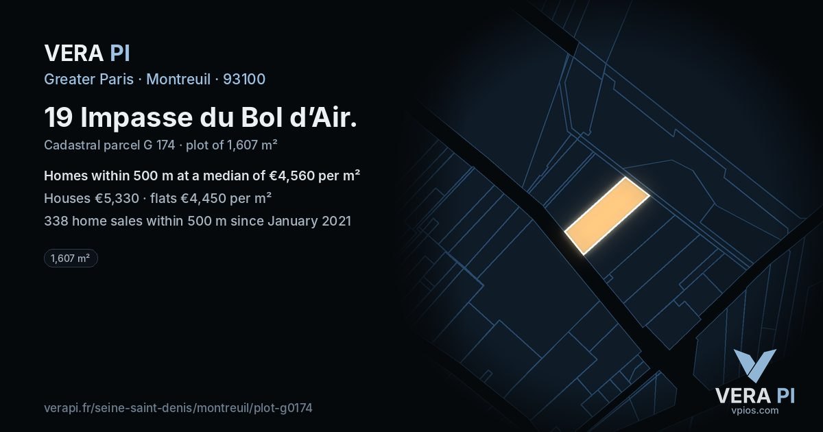 19 Impasse du Bol d’Air, Montreuil at night – the plot lit, the parcels around coloured by the prices near them
