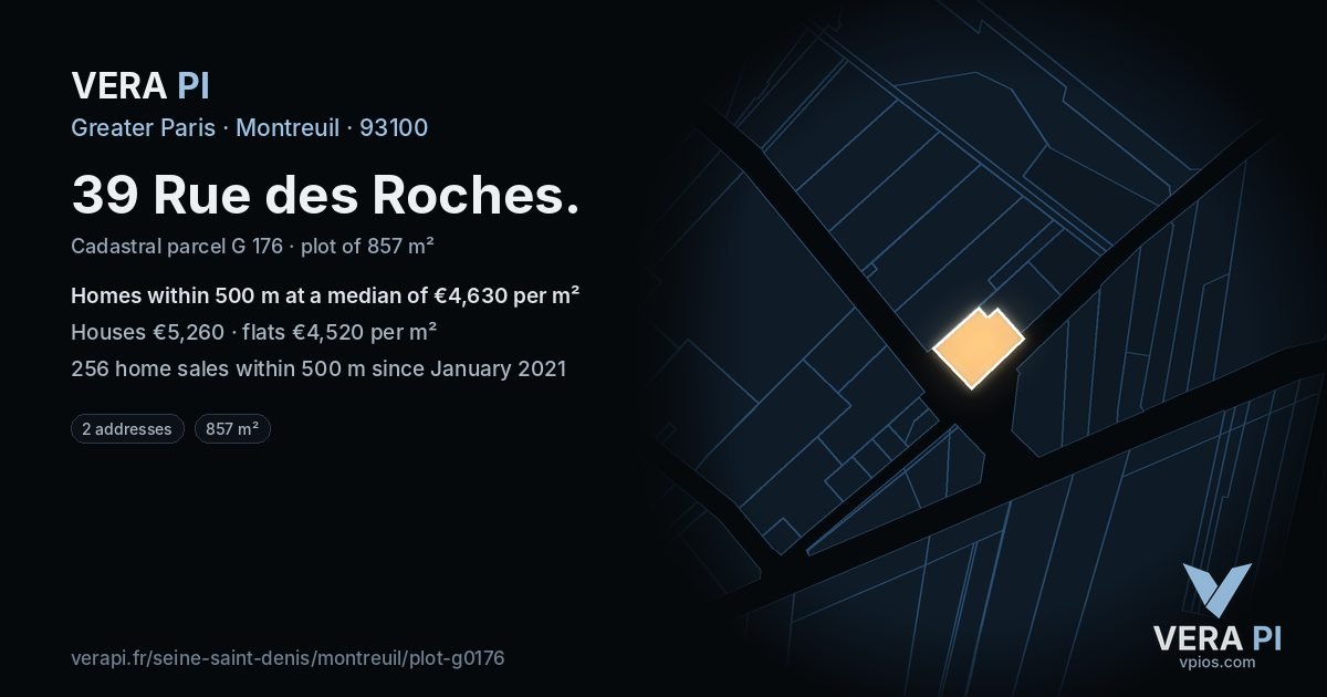 39 Rue des Roches, Montreuil at night – the plot lit, the parcels around coloured by the prices near them