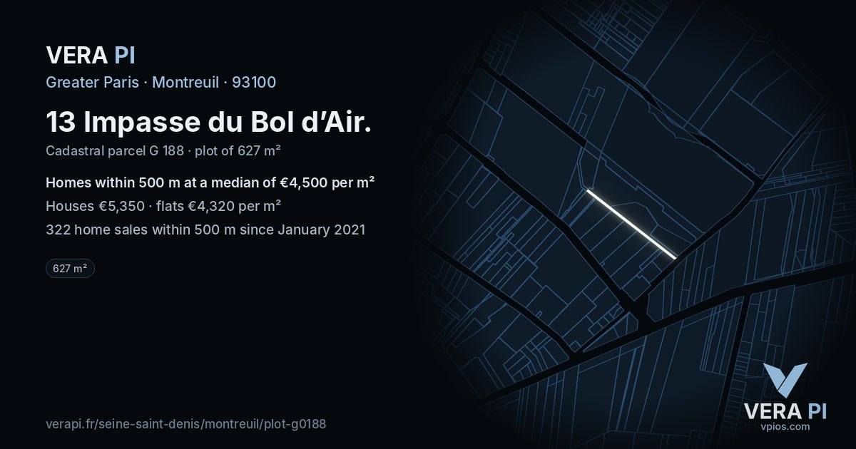 13 Impasse du Bol d’Air, Montreuil at night – the plot lit, the parcels around coloured by the prices near them