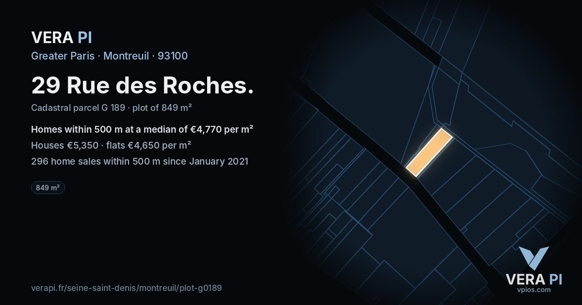 29 Rue des Roches, Montreuil at night – the plot lit, the parcels around coloured by the prices near them