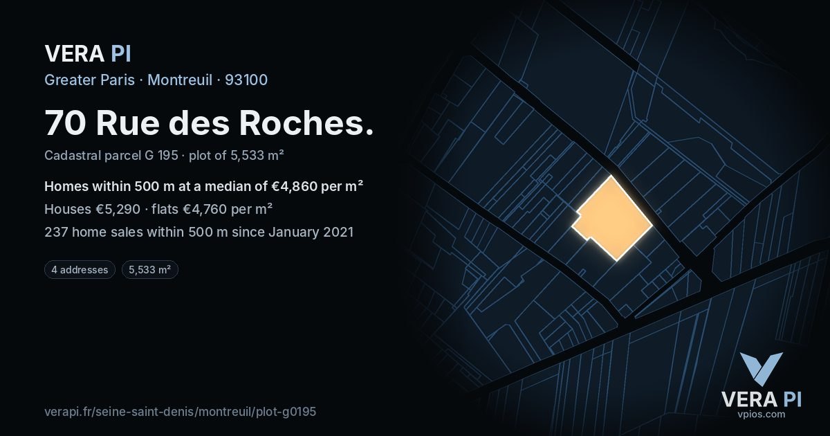 70 Rue des Roches, Montreuil at night – the plot lit, the parcels around coloured by the prices near them