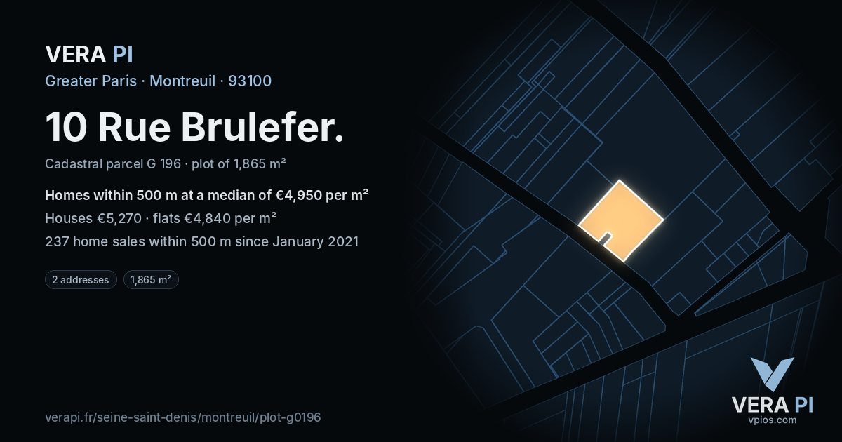 10 Rue Brulefer, Montreuil at night – the plot lit, the parcels around coloured by the prices near them