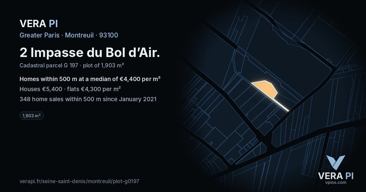 2 Impasse du Bol d’Air, Montreuil at night – the plot lit, the parcels around coloured by the prices near them