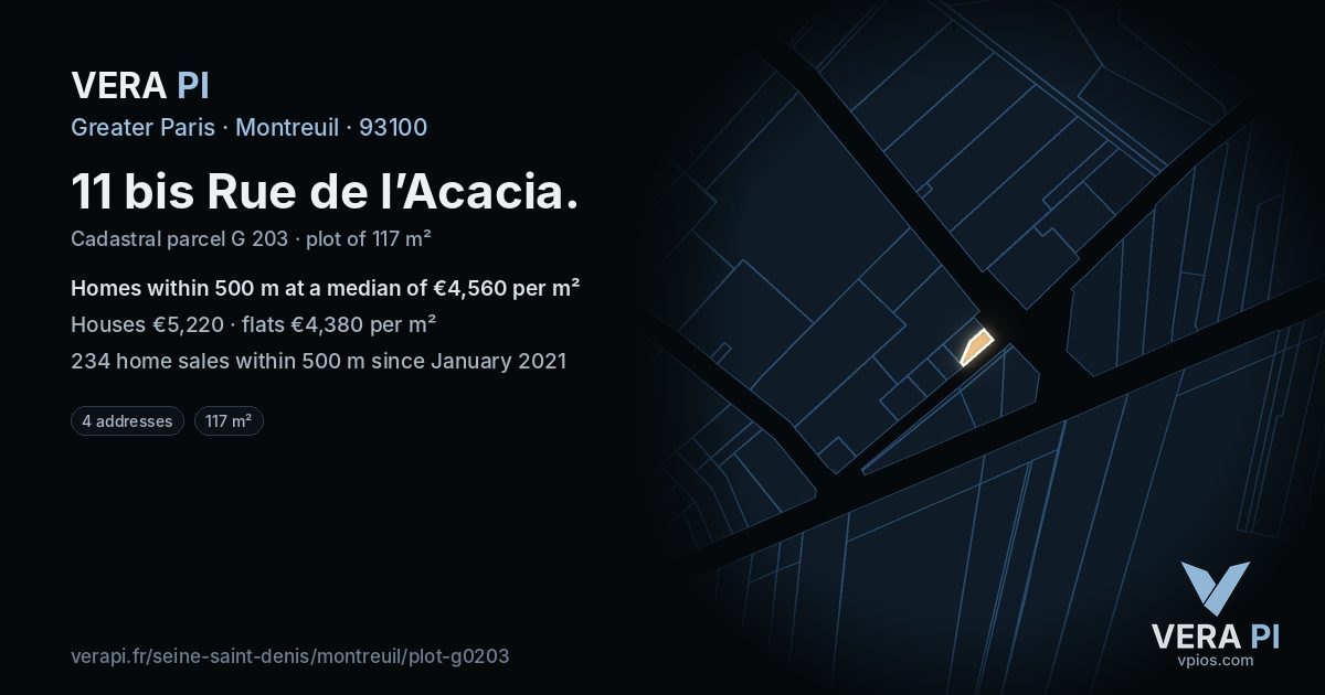11 bis Rue de l’Acacia, Montreuil at night – the plot lit, the parcels around coloured by the prices near them