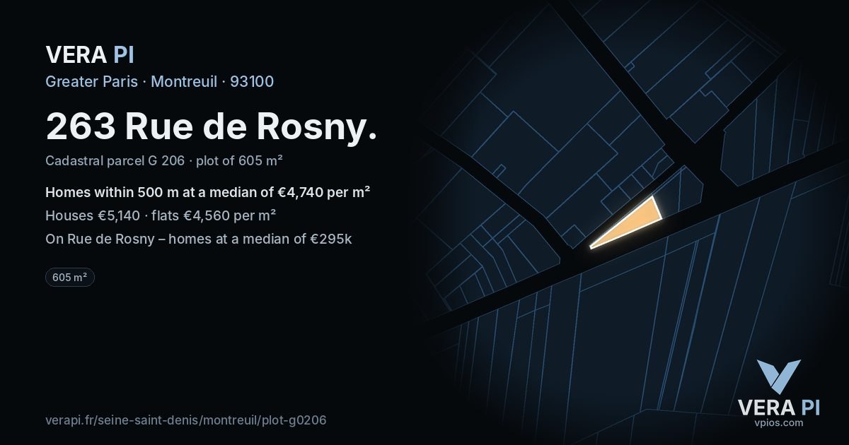 263 Rue de Rosny, Montreuil at night – the plot lit, the parcels around coloured by the prices near them