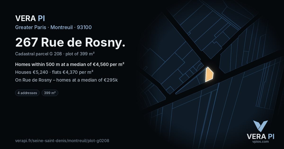 267 Rue de Rosny, Montreuil at night – the plot lit, the parcels around coloured by the prices near them
