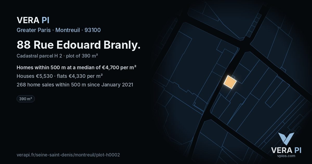 88 Rue Edouard Branly, Montreuil at night – the plot lit, the parcels around coloured by the prices near them