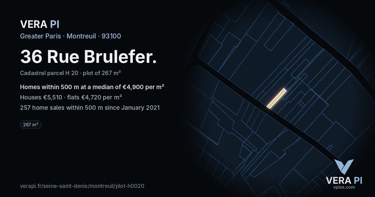 36 Rue Brulefer, Montreuil at night – the plot lit, the parcels around coloured by the prices near them