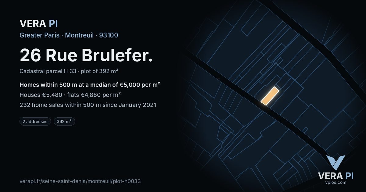 26 Rue Brulefer, Montreuil at night – the plot lit, the parcels around coloured by the prices near them