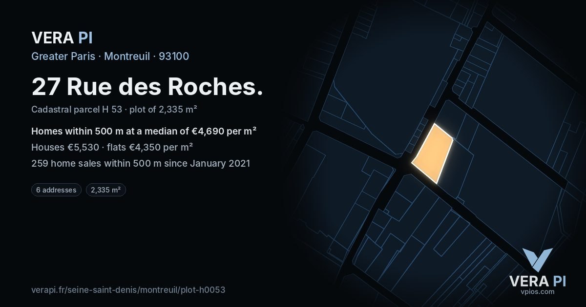27 Rue des Roches, Montreuil at night – the plot lit, the parcels around coloured by the prices near them
