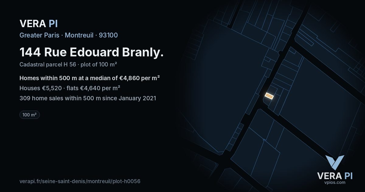 144 Rue Edouard Branly, Montreuil at night – the plot lit, the parcels around coloured by the prices near them
