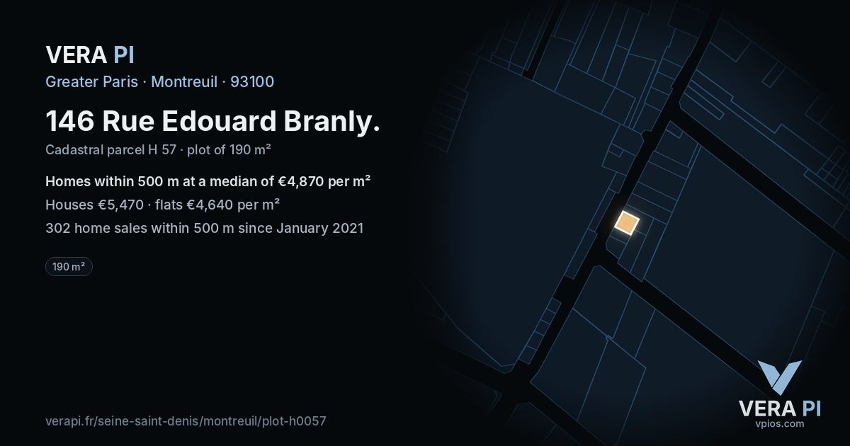 146 Rue Edouard Branly, Montreuil at night – the plot lit, the parcels around coloured by the prices near them