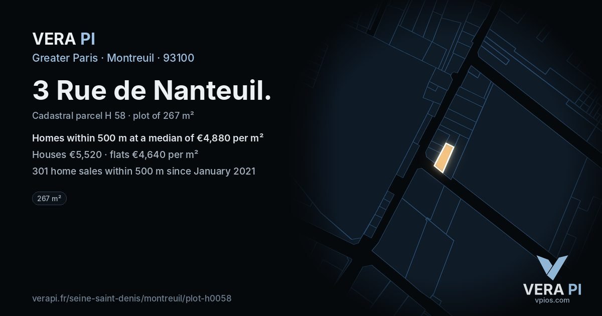 3 Rue de Nanteuil, Montreuil at night – the plot lit, the parcels around coloured by the prices near them