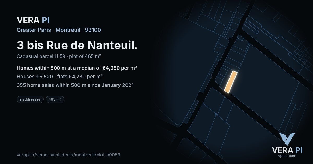 3 bis Rue de Nanteuil, Montreuil at night – the plot lit, the parcels around coloured by the prices near them