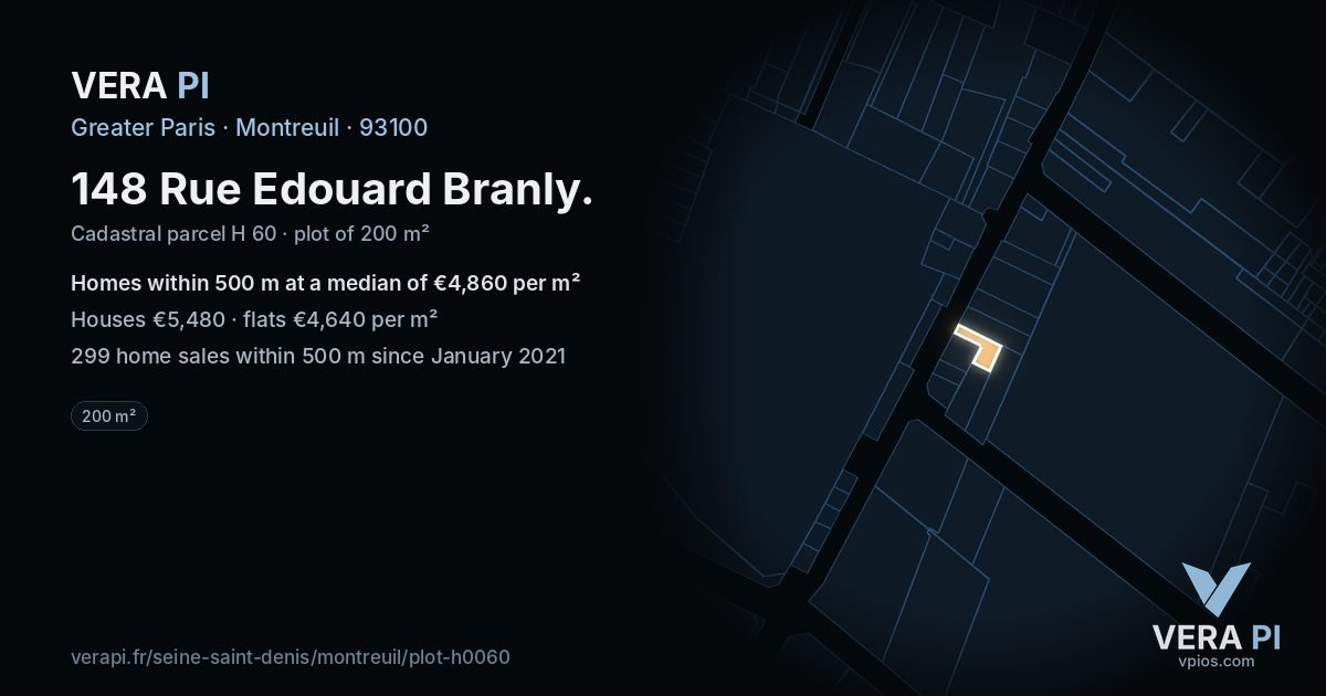 148 Rue Edouard Branly, Montreuil at night – the plot lit, the parcels around coloured by the prices near them