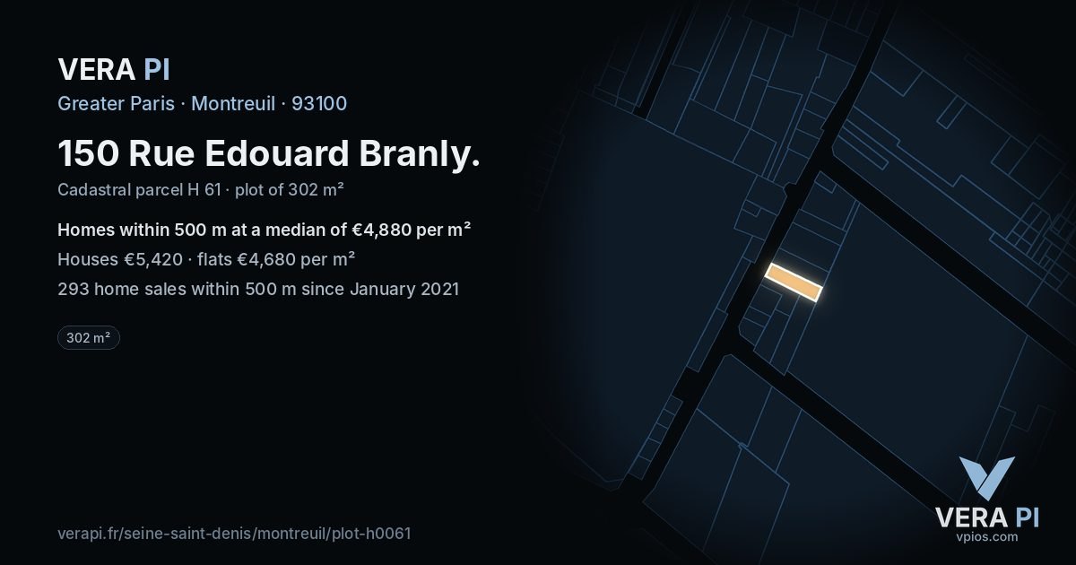 150 Rue Edouard Branly, Montreuil at night – the plot lit, the parcels around coloured by the prices near them