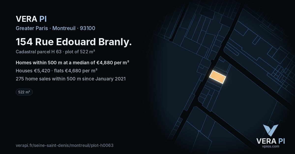 154 Rue Edouard Branly, Montreuil at night – the plot lit, the parcels around coloured by the prices near them
