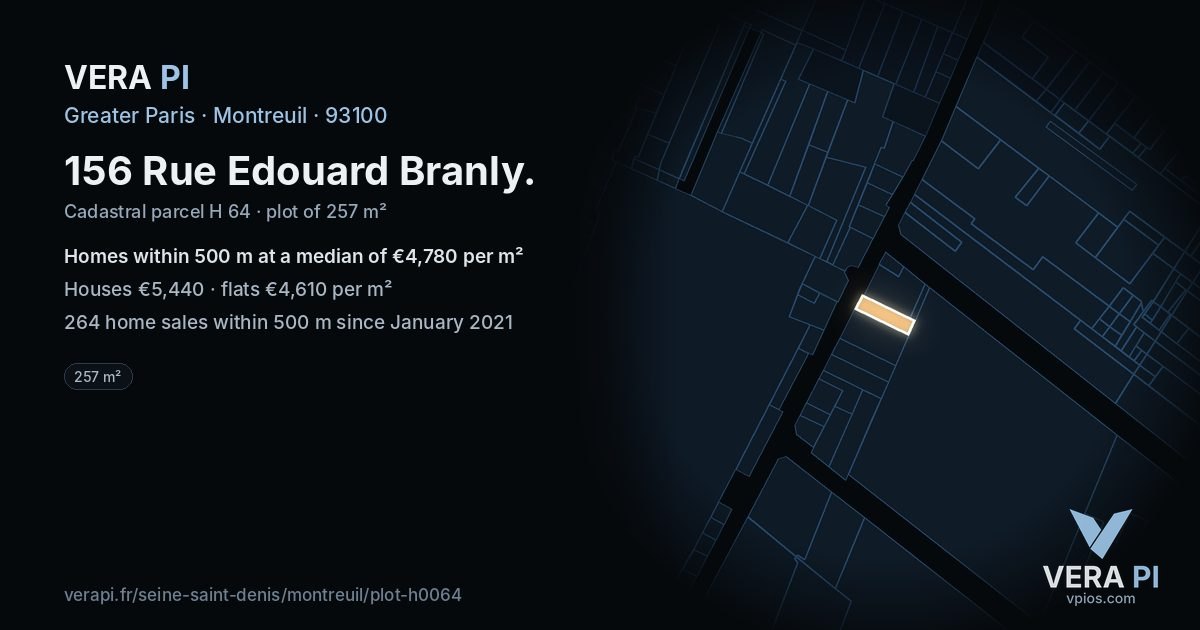 156 Rue Edouard Branly, Montreuil at night – the plot lit, the parcels around coloured by the prices near them