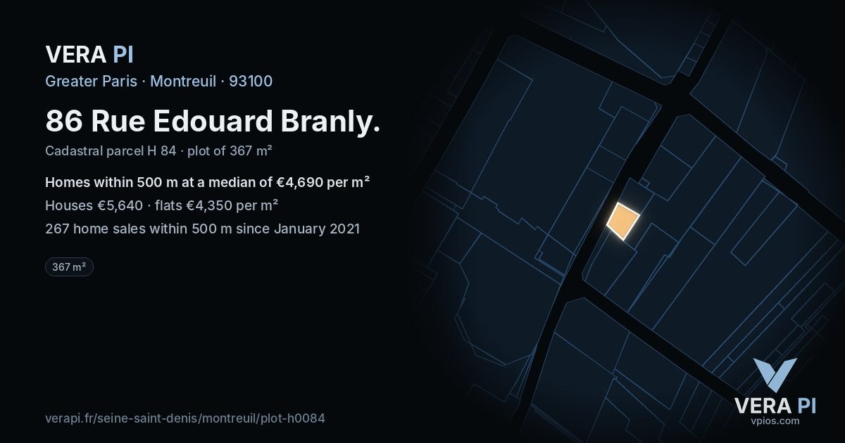 86 Rue Edouard Branly, Montreuil at night – the plot lit, the parcels around coloured by the prices near them