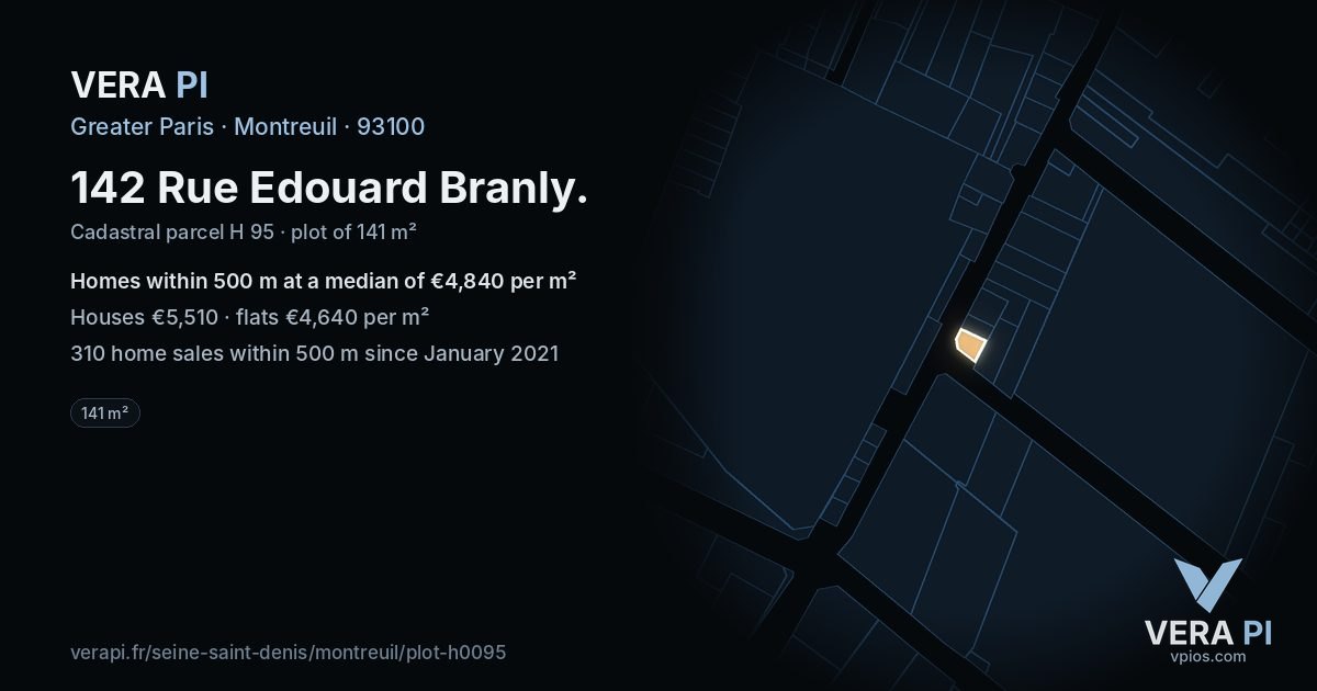 142 Rue Edouard Branly, Montreuil at night – the plot lit, the parcels around coloured by the prices near them