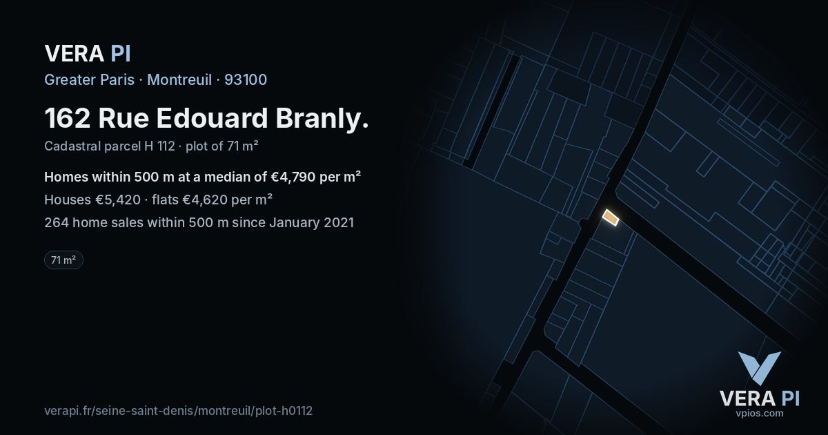 162 Rue Edouard Branly, Montreuil at night – the plot lit, the parcels around coloured by the prices near them