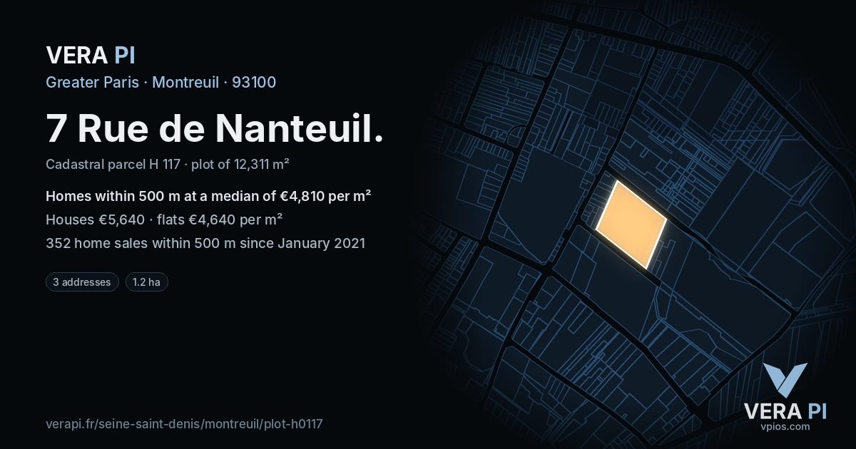 7 Rue de Nanteuil, Montreuil at night – the plot lit, the parcels around coloured by the prices near them
