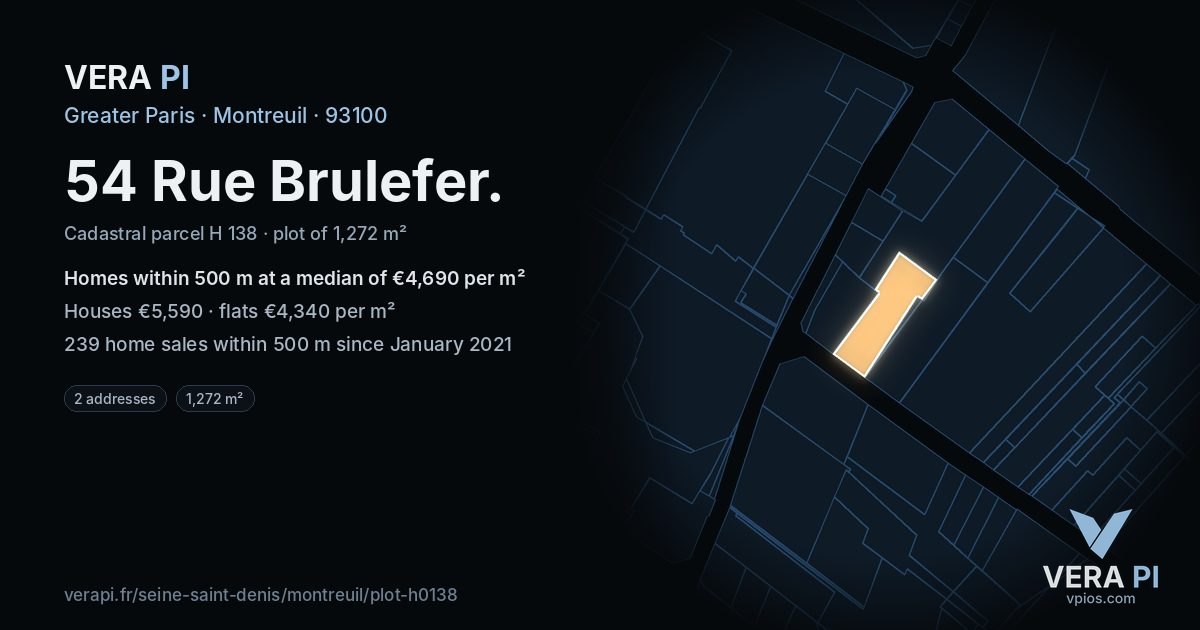 54 Rue Brulefer, Montreuil at night – the plot lit, the parcels around coloured by the prices near them