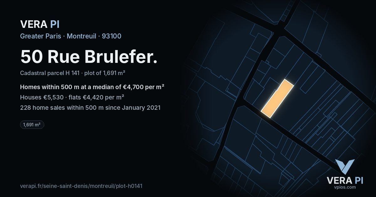 50 Rue Brulefer, Montreuil at night – the plot lit, the parcels around coloured by the prices near them
