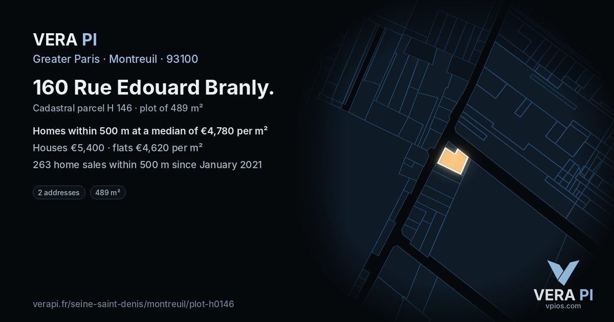 160 Rue Edouard Branly, Montreuil at night – the plot lit, the parcels around coloured by the prices near them