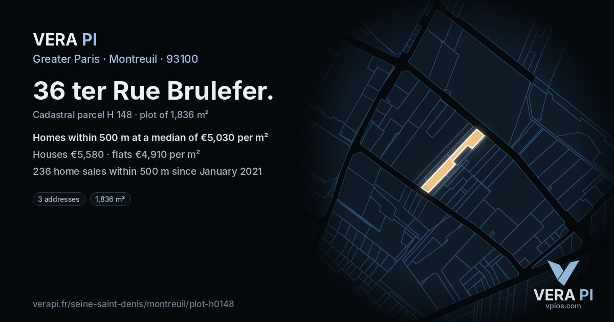 36 ter Rue Brulefer, Montreuil at night – the plot lit, the parcels around coloured by the prices near them