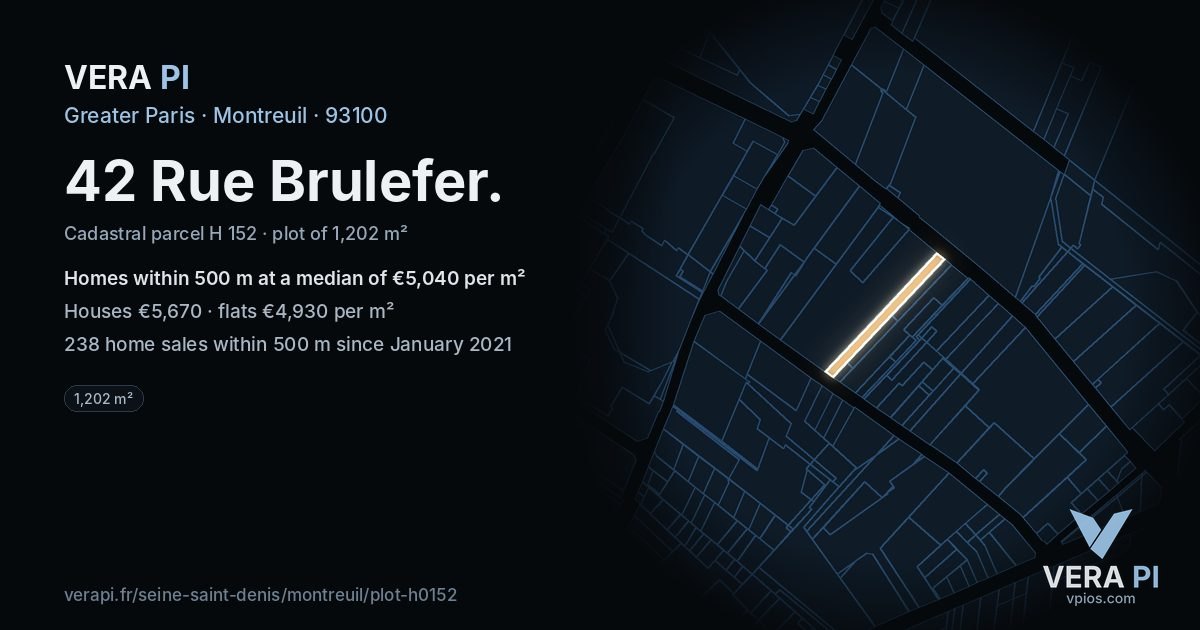 42 Rue Brulefer, Montreuil at night – the plot lit, the parcels around coloured by the prices near them