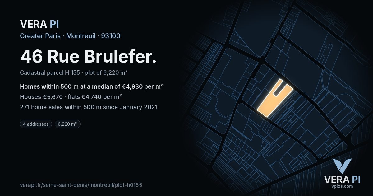 46 Rue Brulefer, Montreuil at night – the plot lit, the parcels around coloured by the prices near them